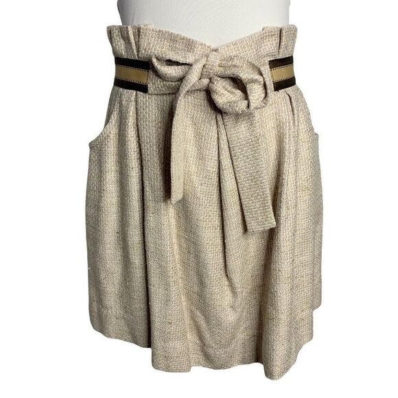 Vintage Silk Paper Bag Waist Mini Skirt S Beige Tie Waist Zip Pockets Pleated